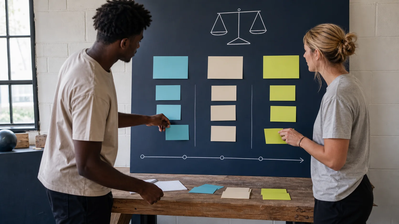 Original editorial scene of two adults comparing options on an unbranded planning board