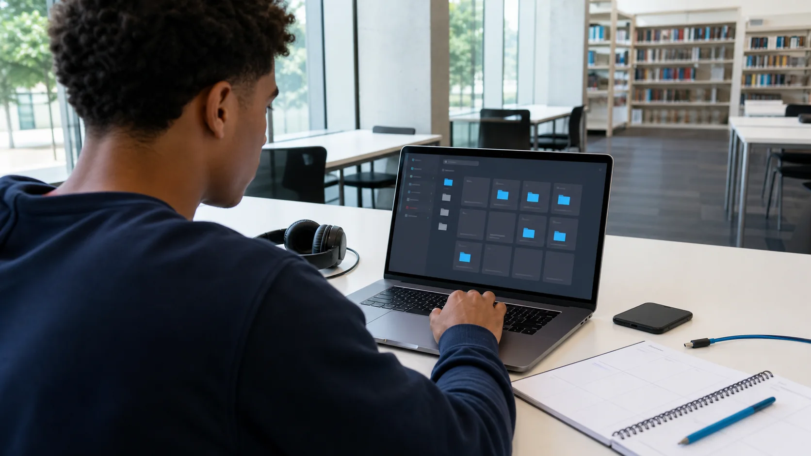 Original editorial scene of an adult reviewing organized files on an unbranded laptop